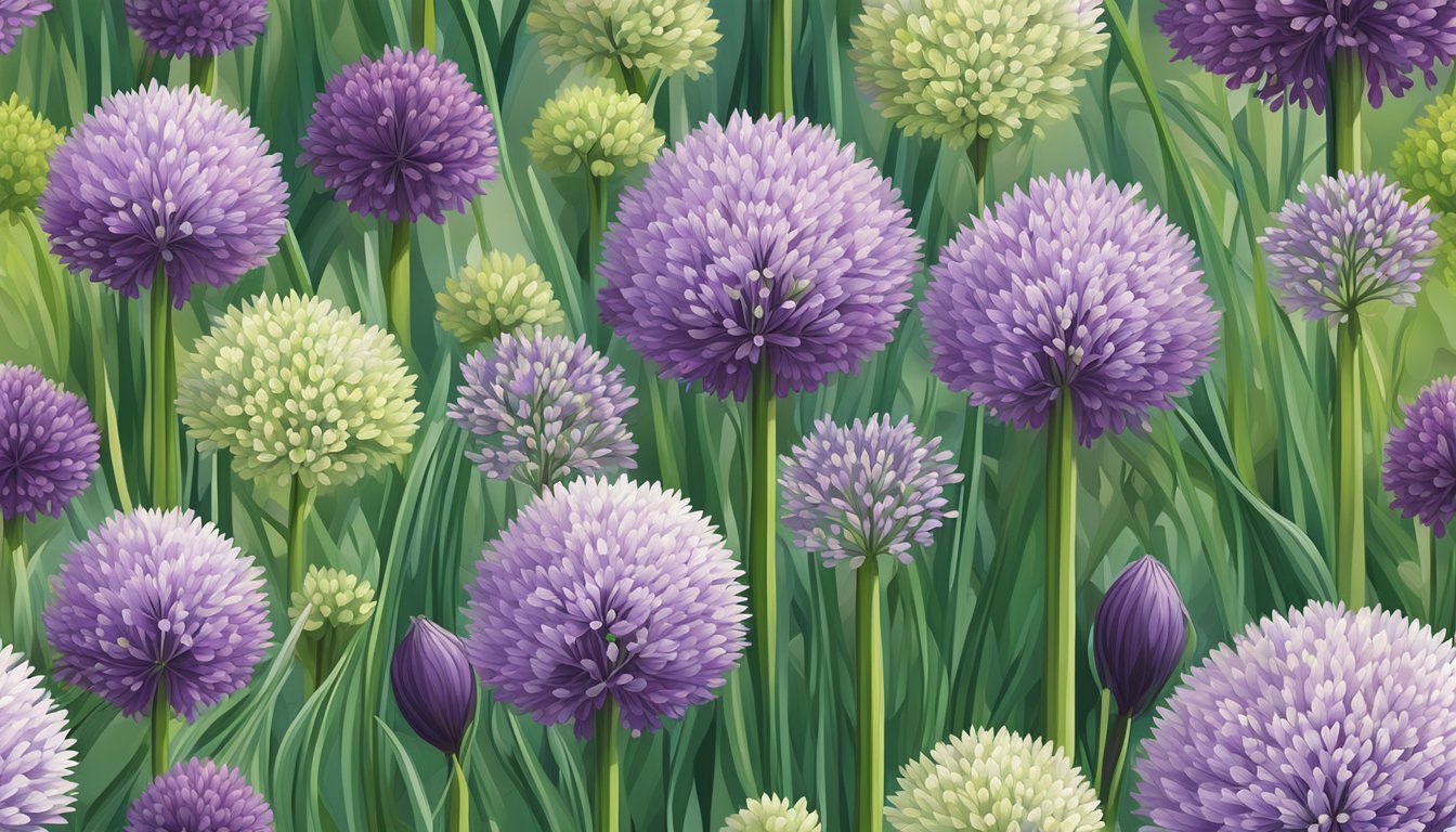 A vibrant garden scene with a variety of Allium family plants, including chives at different stages of growth