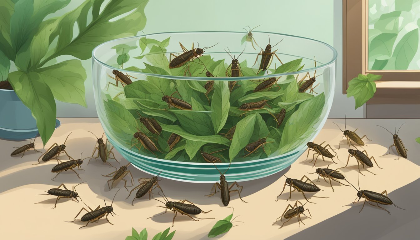 A group of crickets crawling on a bed of green leaves, with a clear glass bowl filled with whole crickets in the background