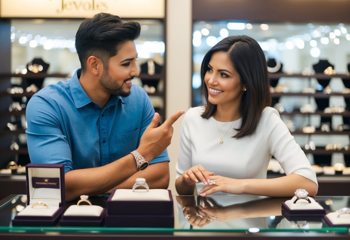 A couple discussing wedding ring expenses, with one person gesturing towards a display of rings in a jewelry store