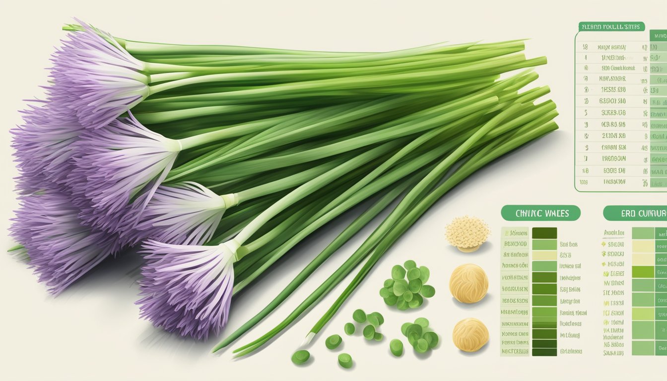 A bunch of chives with both mature and unripe stems, surrounded by a nutritional profile chart