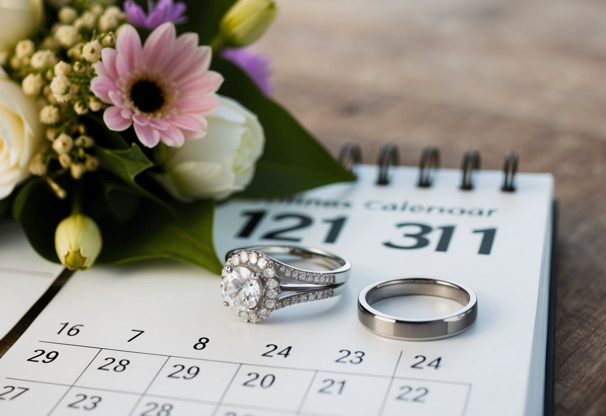 A calendar with a circled date, a bouquet of flowers, and a pair of wedding rings