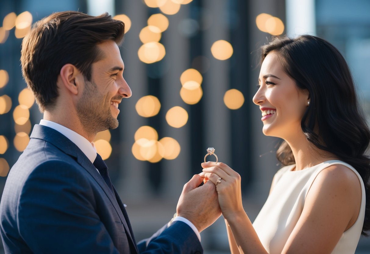 A man presents a ring to a smiling woman