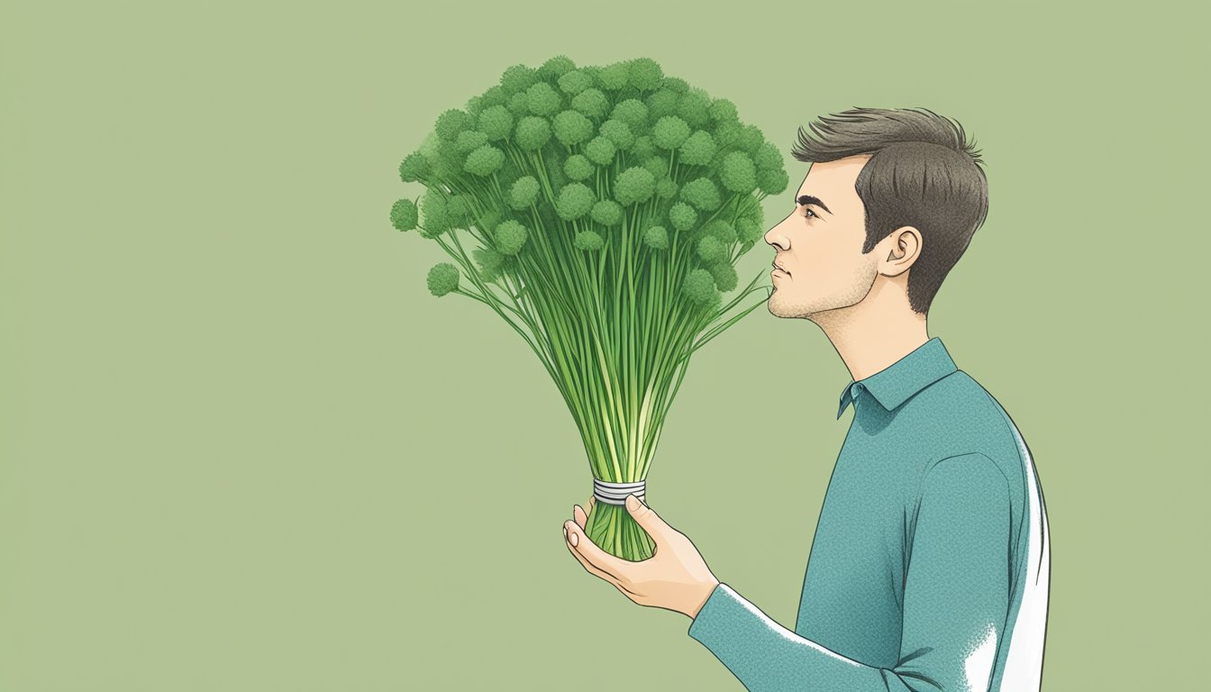 A person holding unripe chives with a question mark above their head