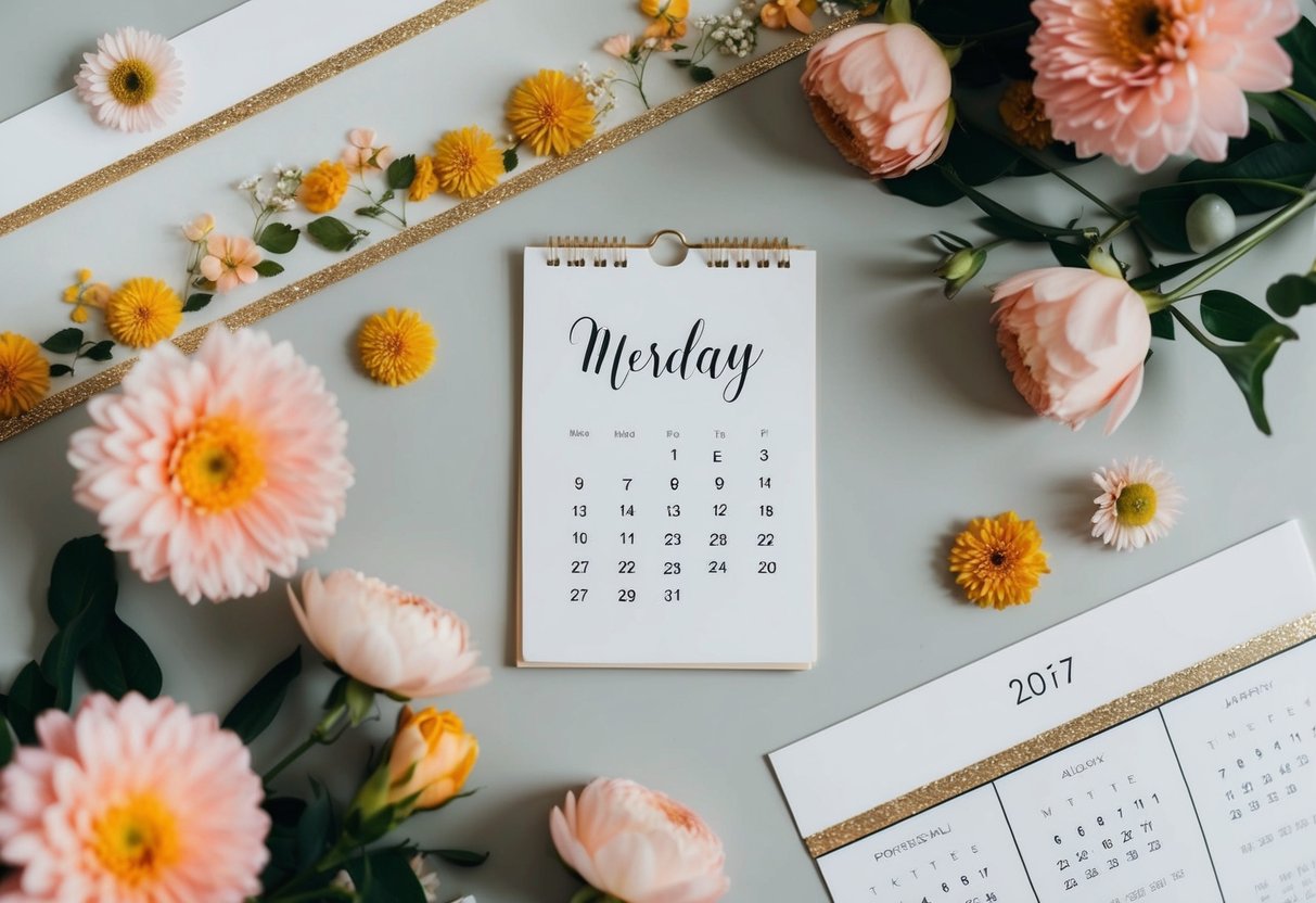 A calendar with a circled date, surrounded by floral decorations and a banner