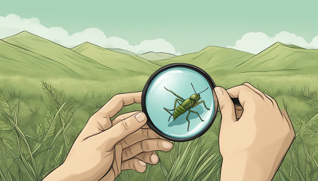 A person holding a cricket in one hand and a magnifying glass in the other, inspecting it closely