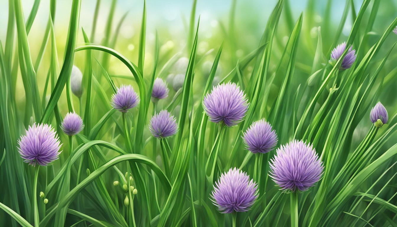 A close-up of unripe chives in a garden, with vibrant green stems and small, undeveloped bulbs at the base