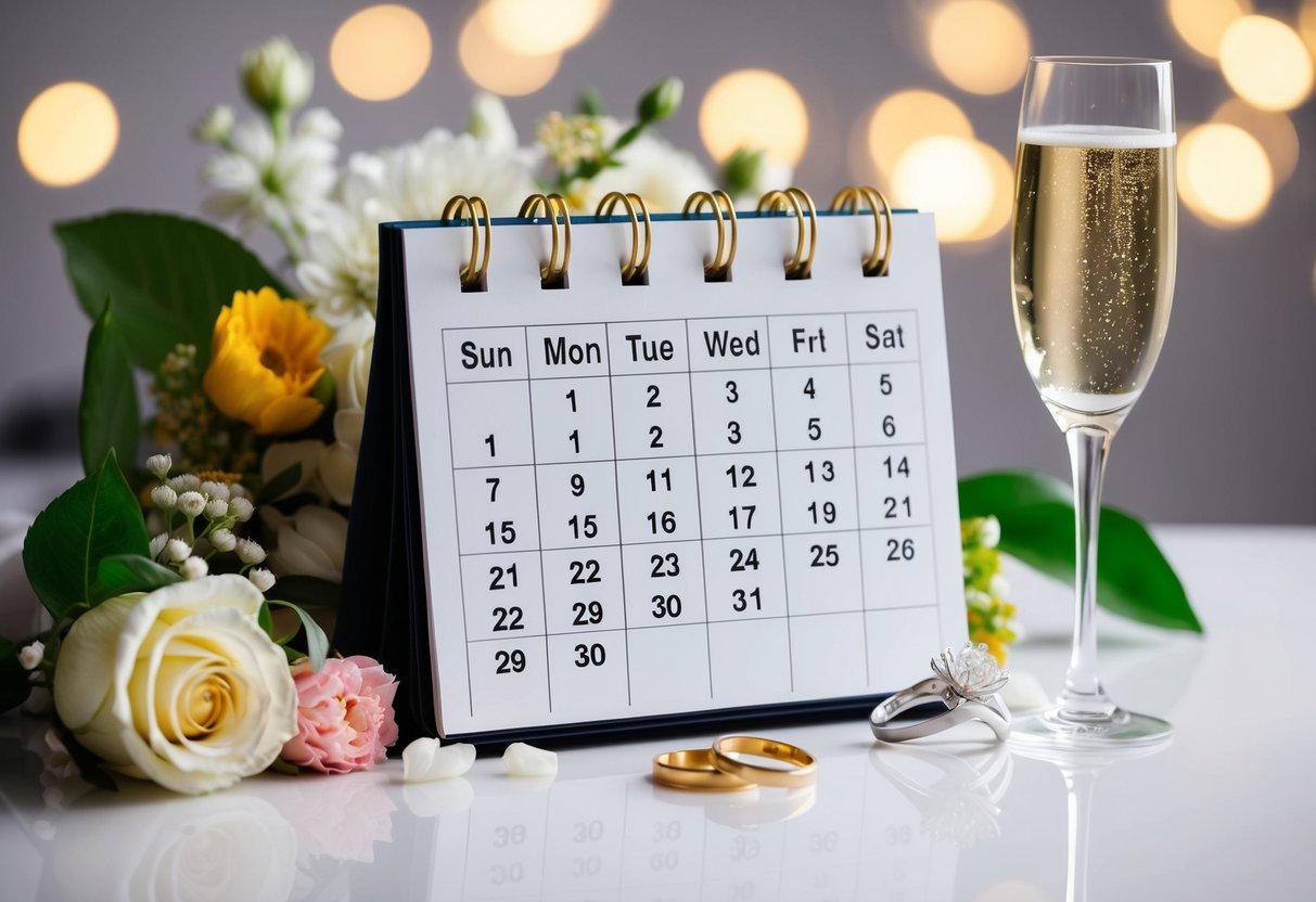 A calendar with the date circled, surrounded by wedding-related items like flowers, a ring, and a champagne glass