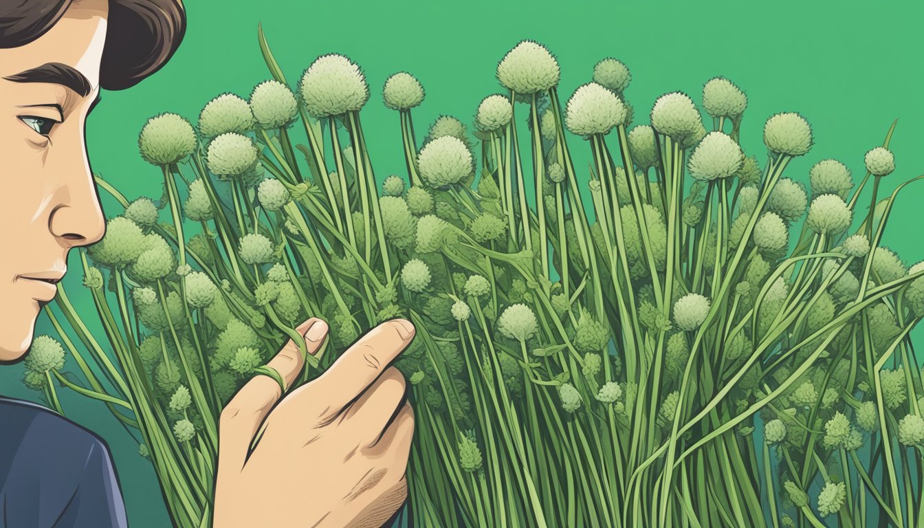 A person examining a bunch of unripe chives with a questioning expression