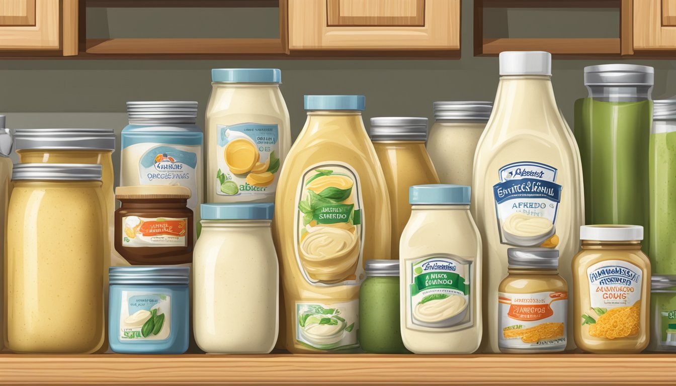 A jar of expired Alfredo sauce on a kitchen shelf, surrounded by other condiments