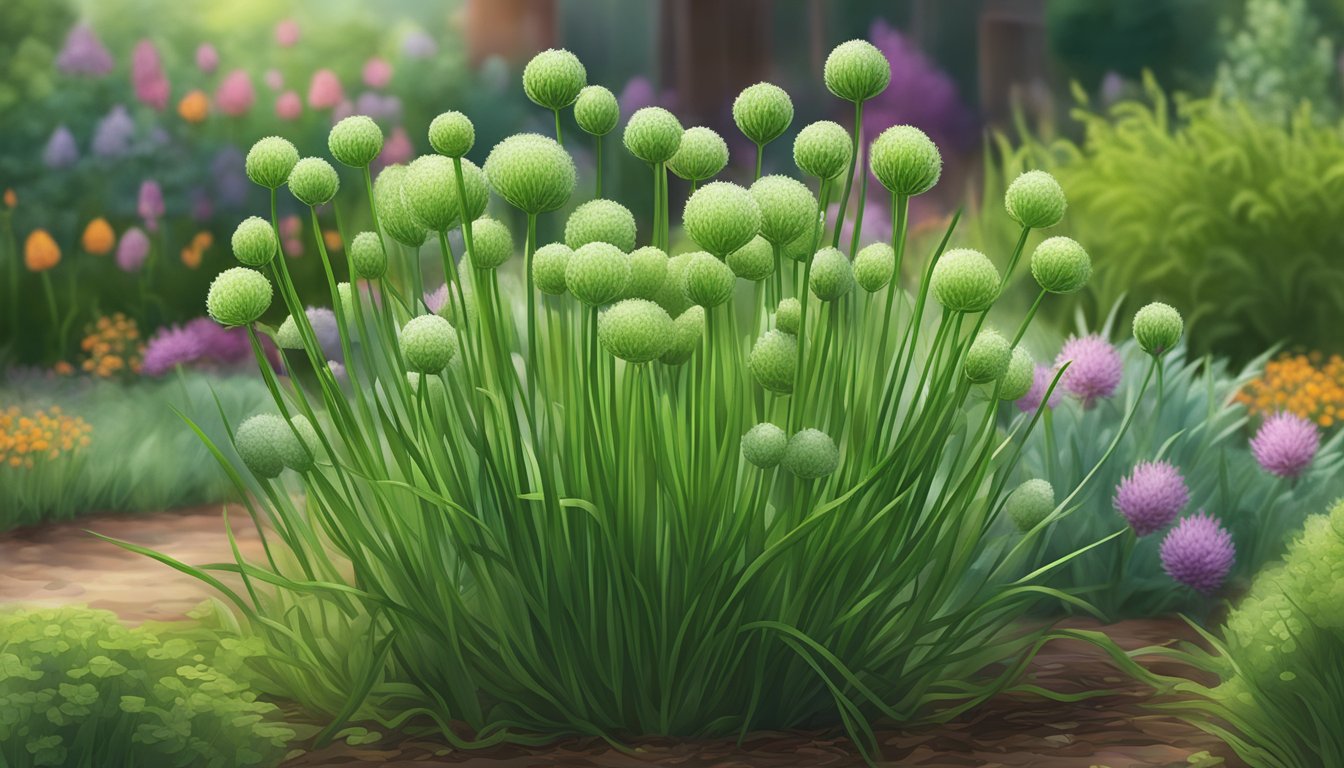 A cluster of unripe chives growing in a garden, surrounded by other edible plants