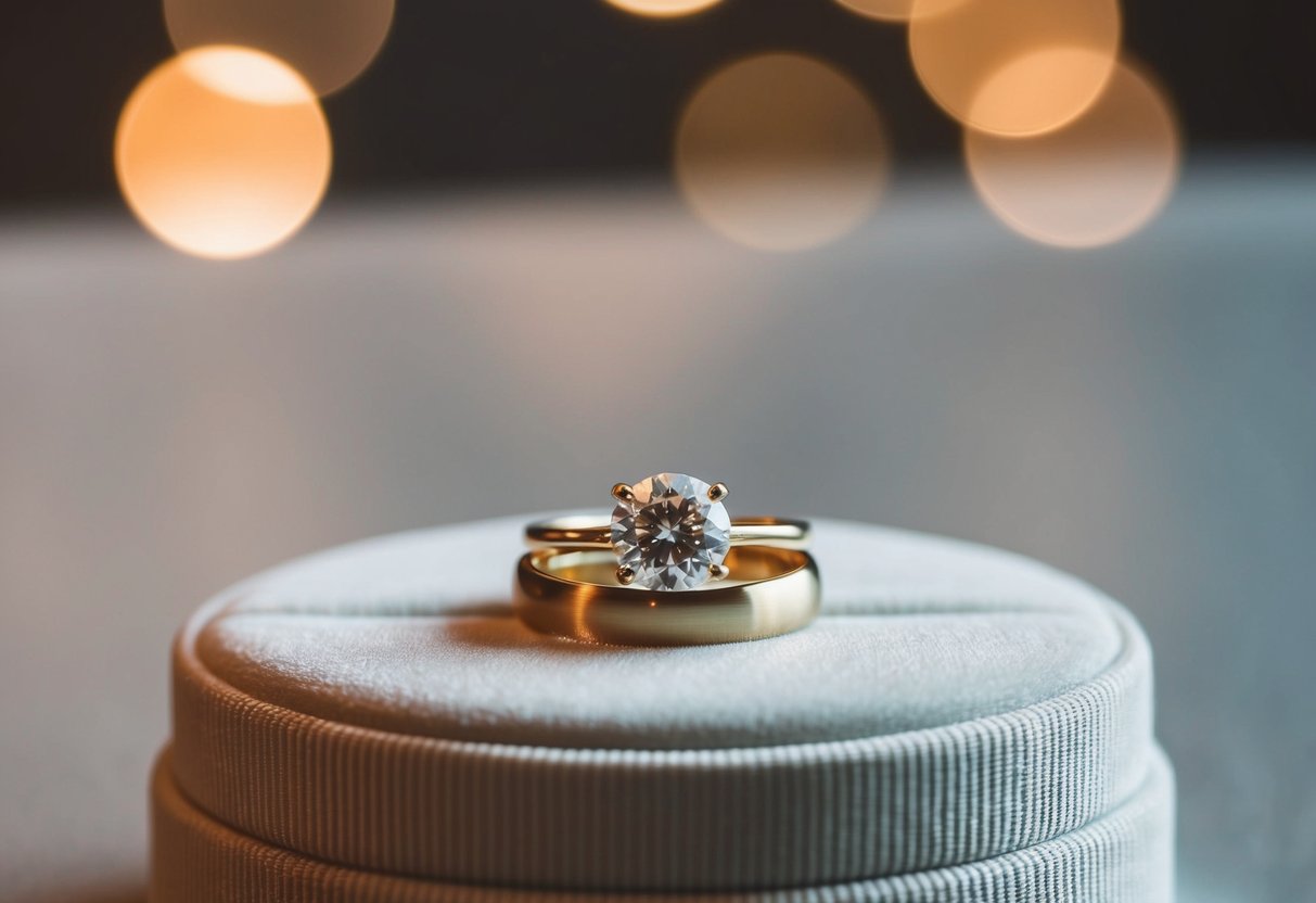 A diamond engagement ring sits beside a simple gold wedding band on a velvet jewelry display