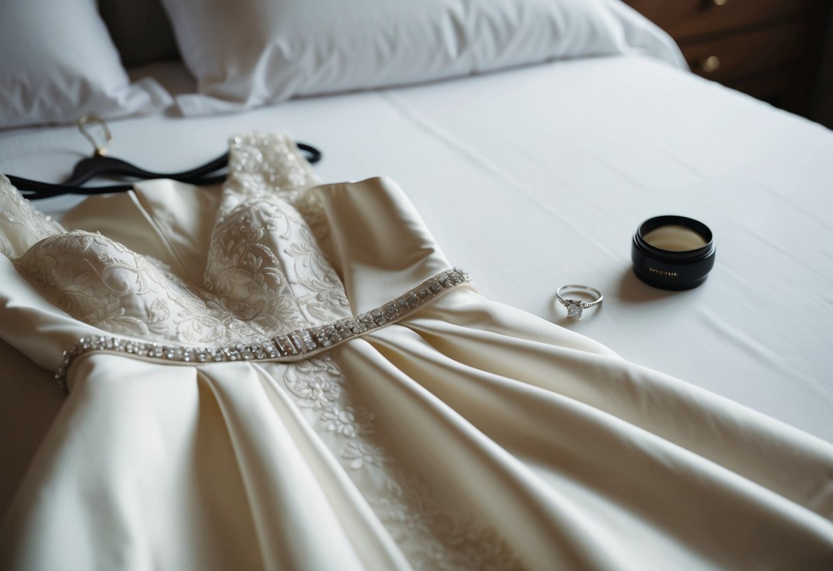 A wedding dress laid out on a bed, with an engagement ring placed next to it