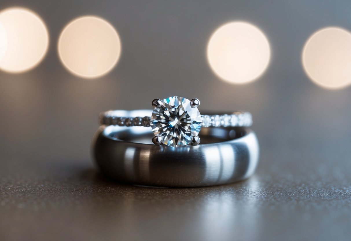 A sparkling diamond ring sits atop a simple, elegant wedding band, symbolizing the transition from engagement to marriage