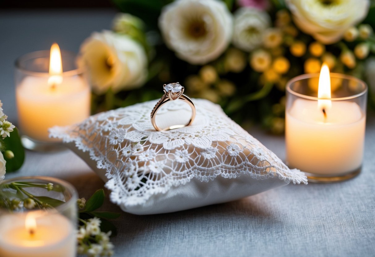 A bride's engagement ring sits on a delicate lace pillow, surrounded by fresh flowers and glowing candlelight