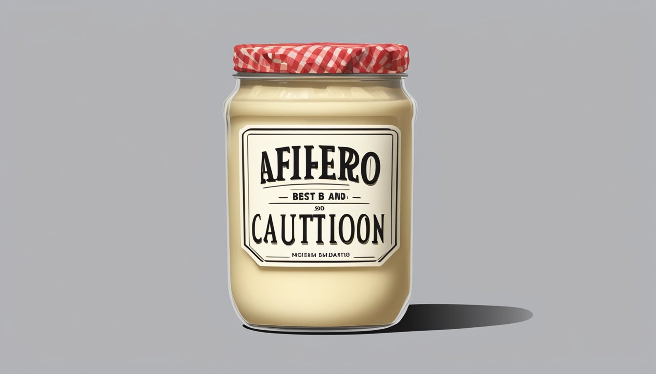 A jar of expired alfredo sauce with a visible "best by" date and a caution sign