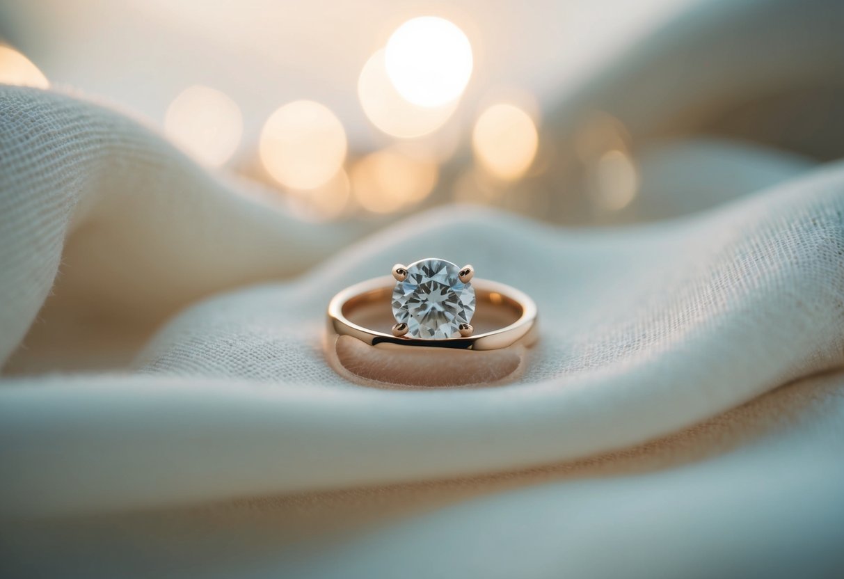 A close-up of an elegant engagement ring sitting alone on a soft, delicate fabric, surrounded by natural light and a hint of romance in the air