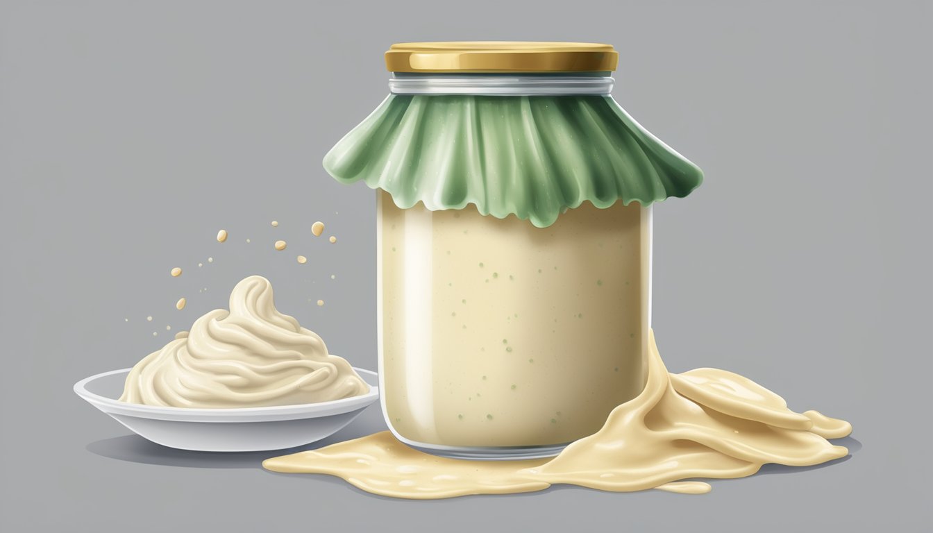 A jar of expired alfredo sauce with visible mold and a foul odor