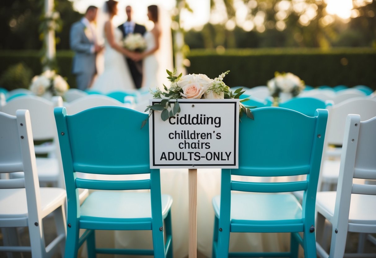 A wedding scene with empty children's chairs and a sign indicating an adults-only event