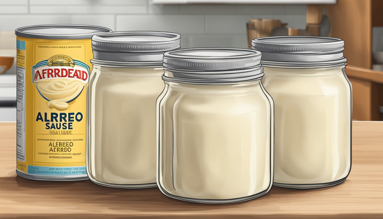 A jar of expired store-bought Alfredo sauce sits next to a pot of homemade Alfredo sauce on a kitchen counter. The expired sauce looks discolored and separated, while the homemade sauce appears creamy and fresh