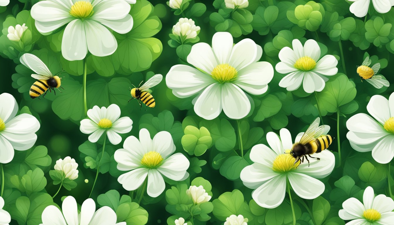 A lush field of clover, with vibrant green leaves and delicate white flowers, surrounded by buzzing bees and butterflies