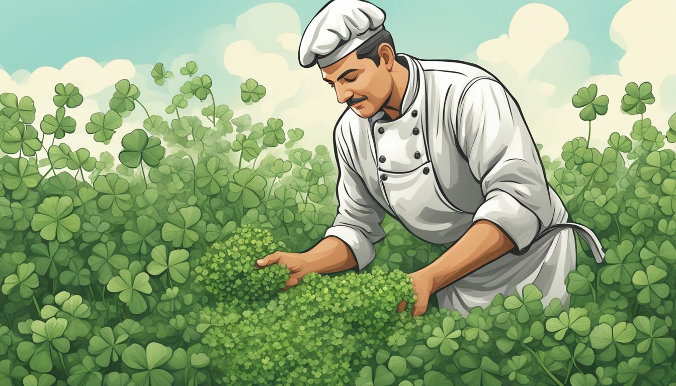 A chef picking fresh clover from a garden and examining it closely