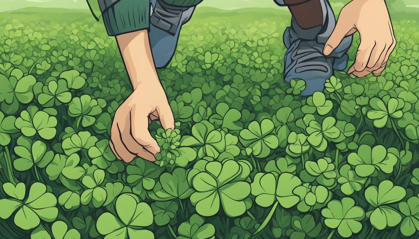 A person foraging for clover in a field, carefully inspecting each leaf for potential risks before consuming it