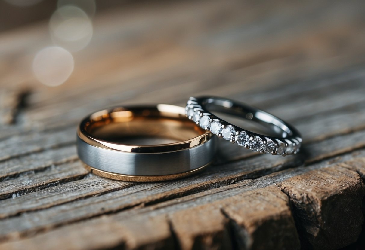 Two wedding bands resting on a rustic wooden surface, one with a simple design and the other adorned with diamonds