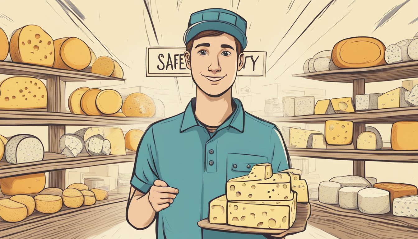 A person holding a piece of raw cheese with a question mark above their head, surrounded by various types of cheese and a sign with "Safety Considerations" written on it