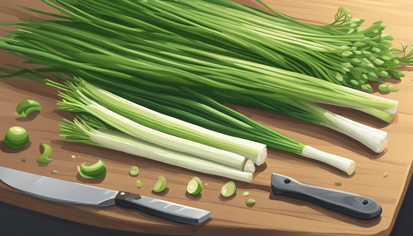 A bunch of scallions, some still green and others turning yellow, sitting on a cutting board next to a knife