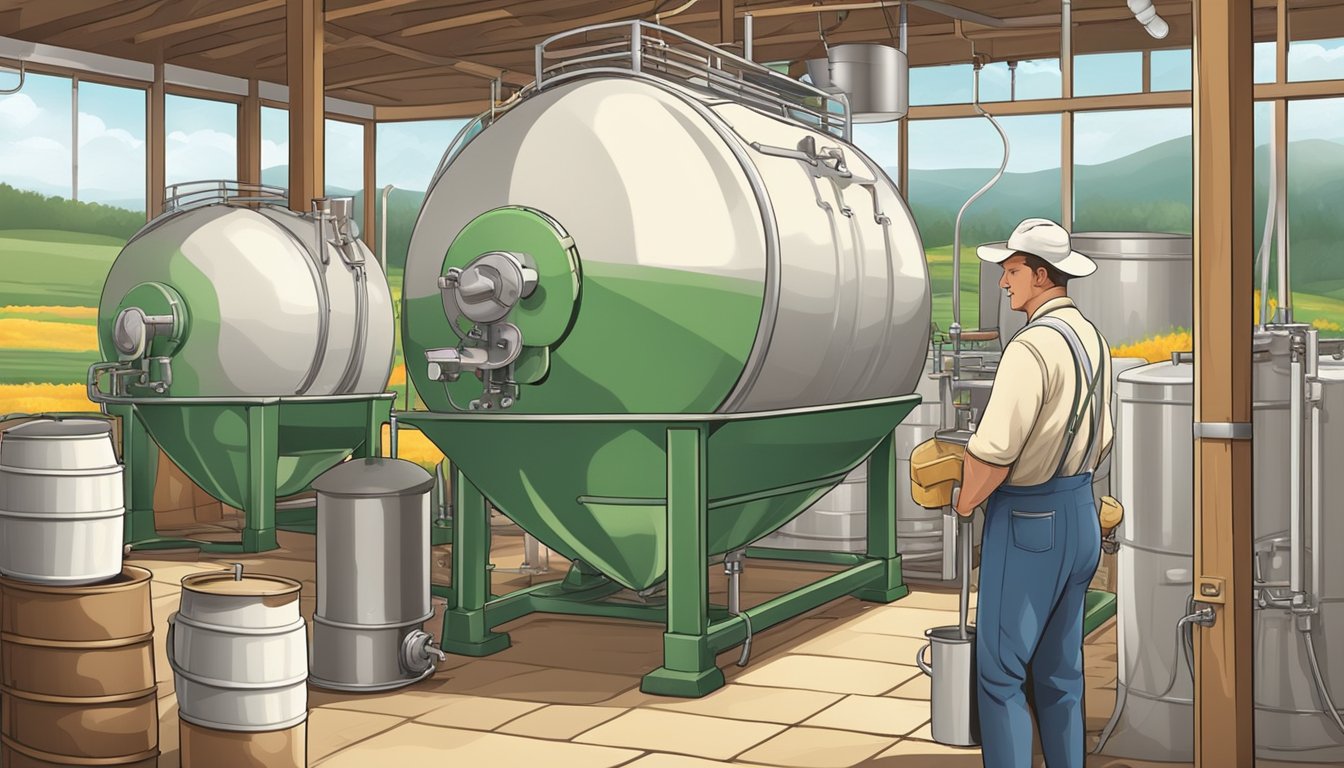 A farmer pouring milk into a large vat, while a machine heats the milk for pasteurization