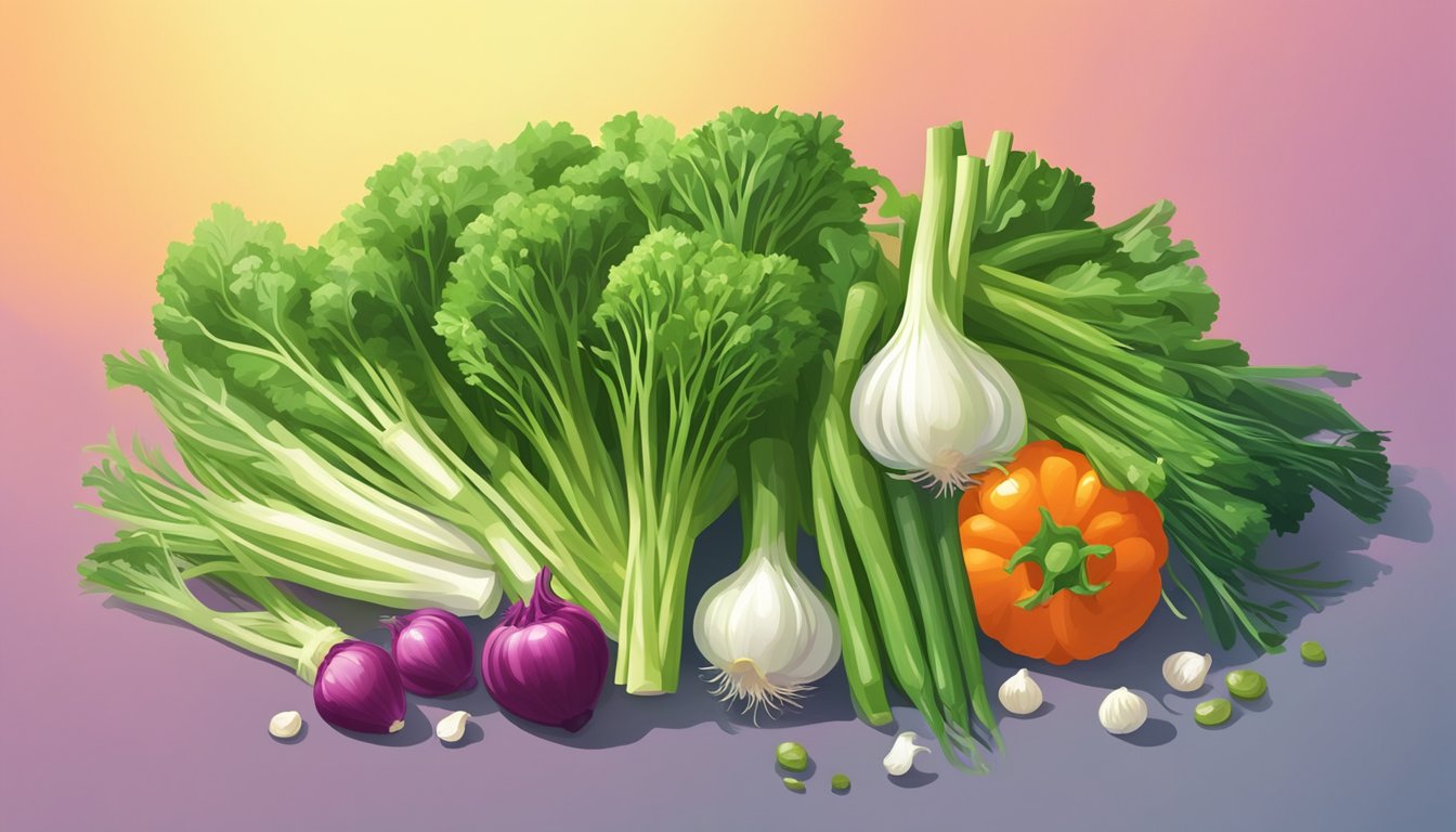 A pile of unripe scallions next to a colorful array of fresh vegetables, with a bright spotlight shining on them