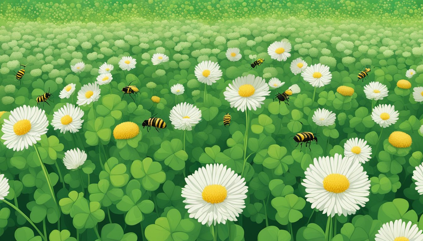 A lush field of clover being cultivated with bees buzzing around, showcasing the environmental impact of clover cultivation