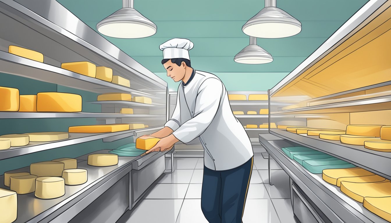 A person selecting and storing raw cheese in a clean, organized kitchen with a temperature-controlled storage area