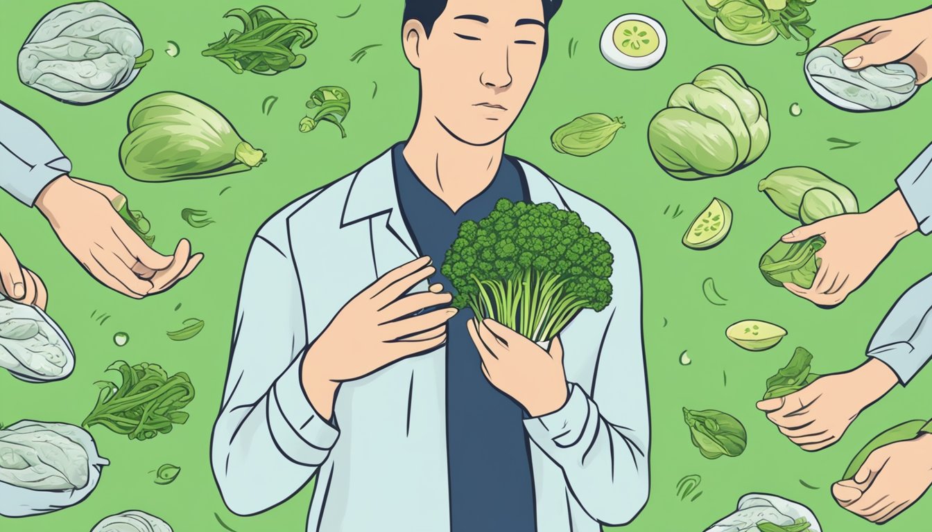 A person holding an unripe scallion, with a question mark above their head, surrounded by images of stomach discomfort and warning signs