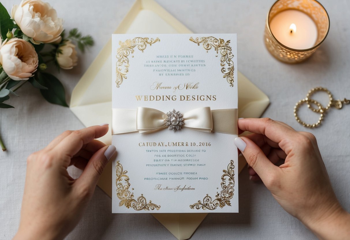 A wedding invitation with elegant design and decorative elements
