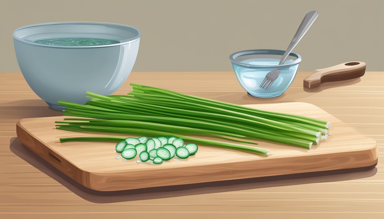 A cutting board with fresh scallions, a knife, and a bowl of water for cleaning