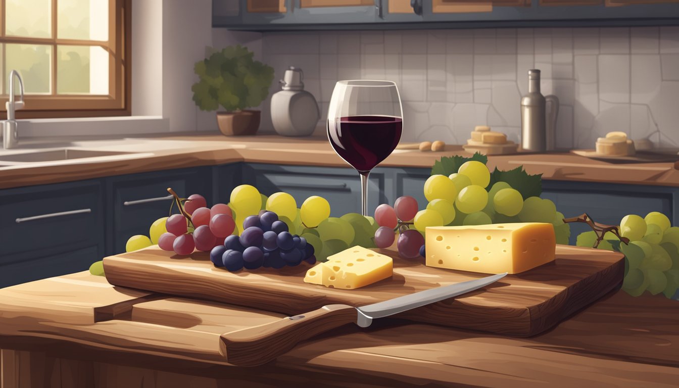 A rustic kitchen with a wooden cutting board, a wheel of raw cheese, a bunch of grapes, and a glass of red wine