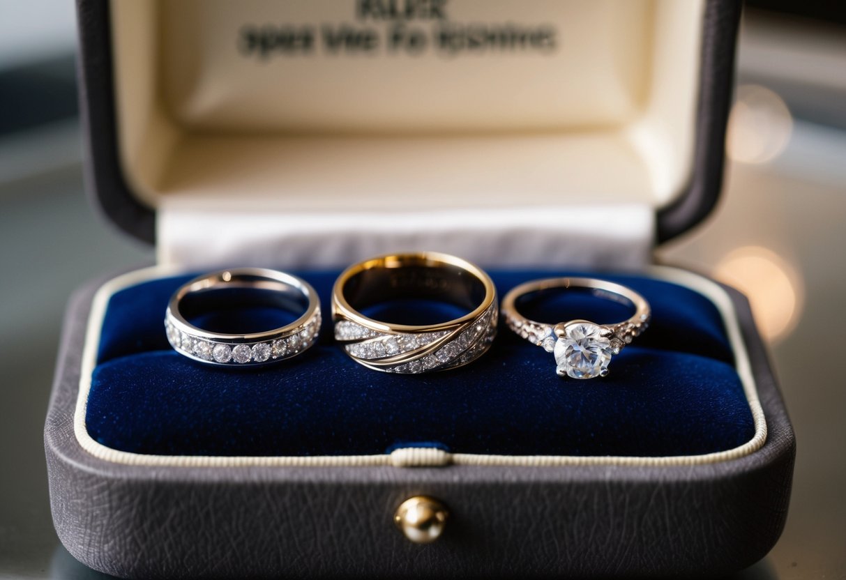Three wedding rings displayed on a velvet cushion under soft lighting, showcasing intricate designs and fine craftsmanship