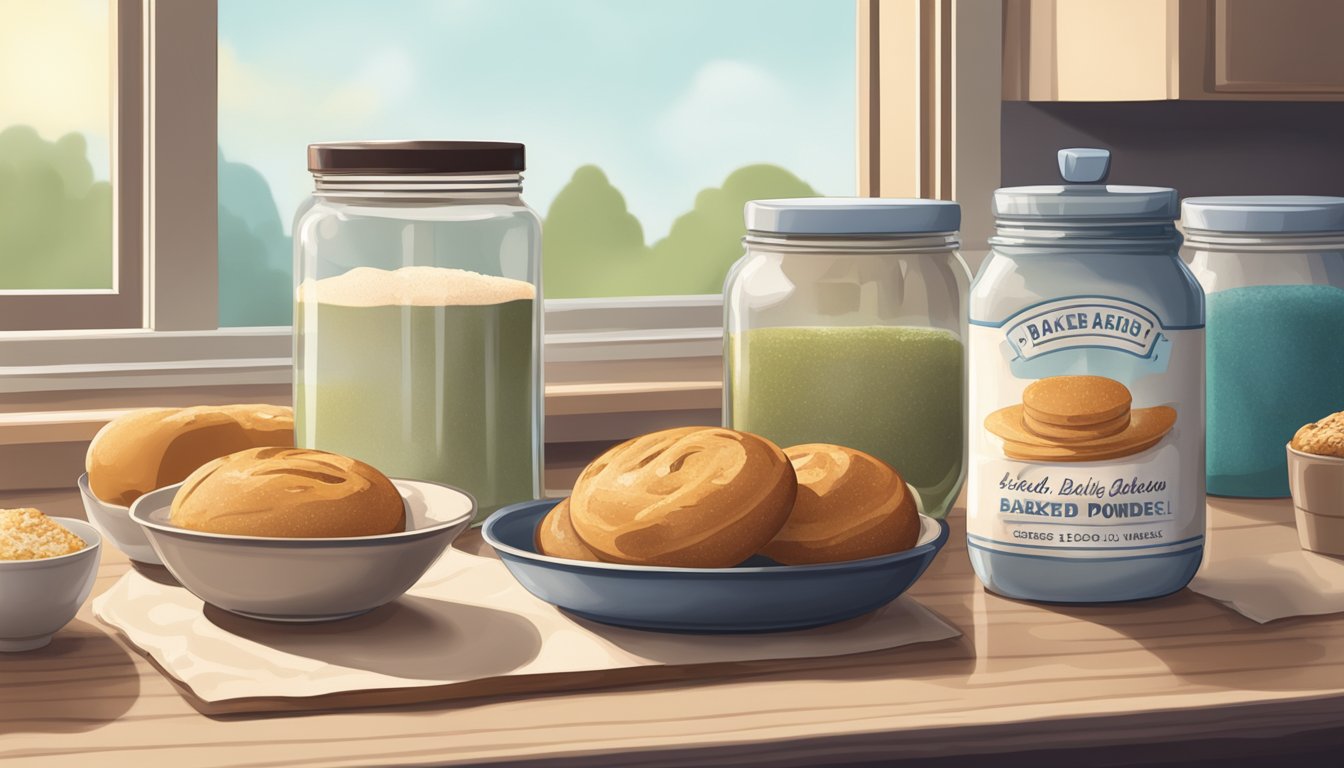 A kitchen counter with a jar of expired baking powder next to a fresh batch of baked goods