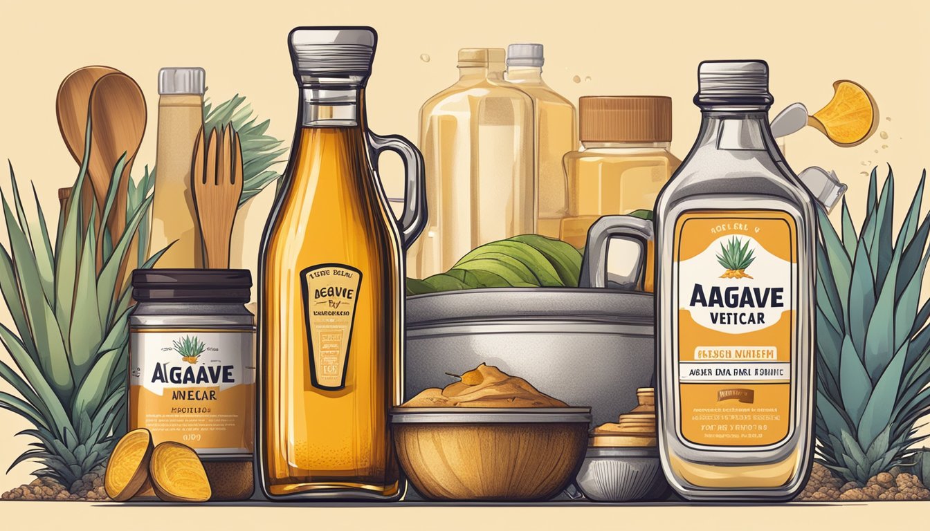 A bottle of agave nectar with an expiration date on the label, surrounded by various food items and kitchen utensils