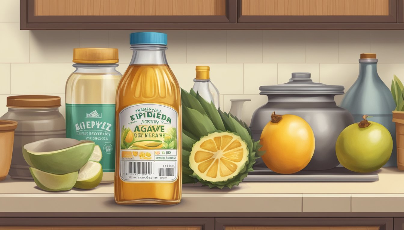 A bottle of expired agave nectar with a visible expiration date on the label, surrounded by other food items on a kitchen shelf