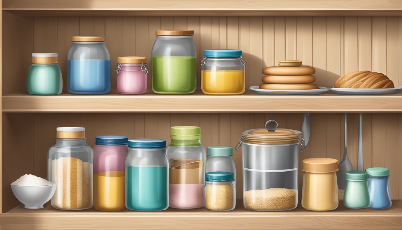 A pantry shelf with a tightly sealed container of baking powder next to various baking ingredients and utensils