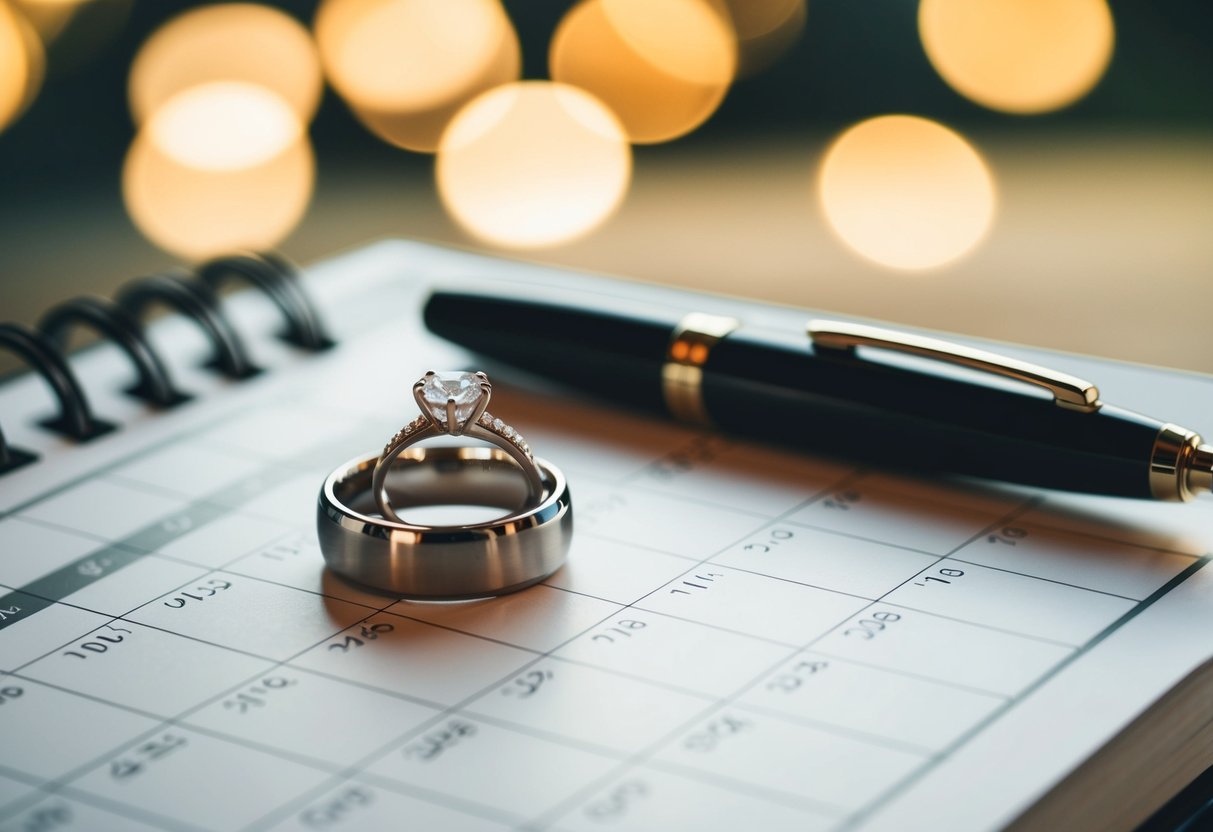 A calendar with a wedding ring and a pen