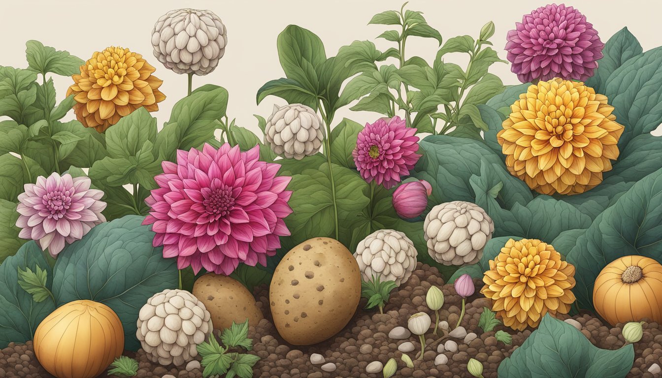 A close-up of dahlia tubers with a safety symbol and a question mark, surrounded by various edible and inedible plants