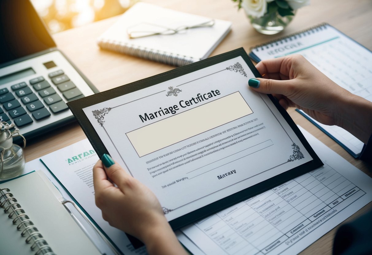 A woman's hand holding a marriage certificate with a blank space for a new name, surrounded by a calendar and legal documents