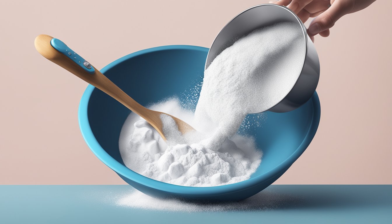 A hand pouring expired baking powder into a mixing bowl, with a cloud of powder rising above it