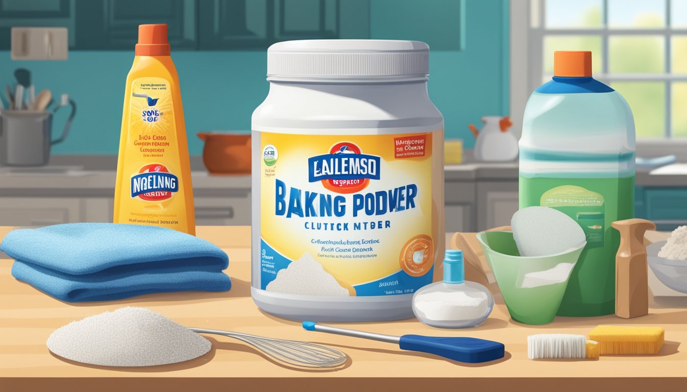 A jar of expired baking powder sits on a cluttered kitchen counter, alongside various non-baking items such as cleaning supplies and deodorizers