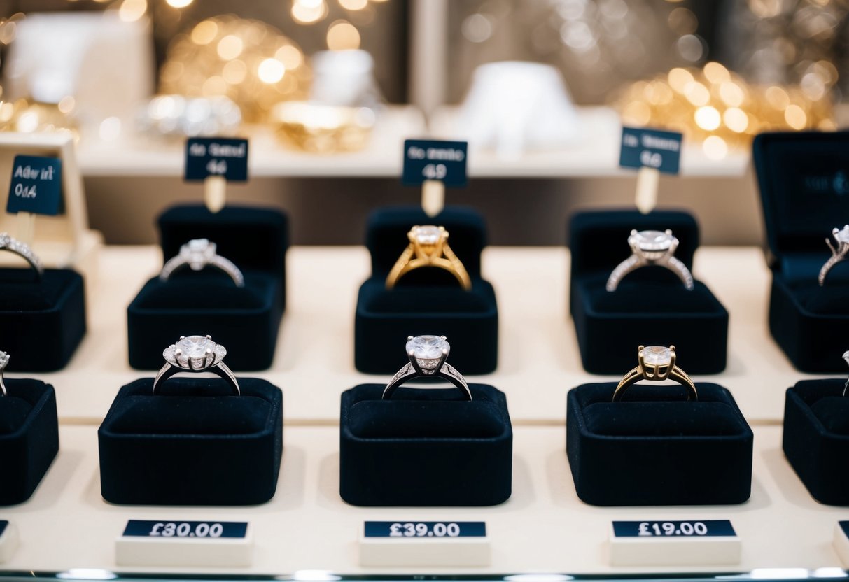 A jewelry store display featuring a variety of sparkling engagement rings in different styles and settings, with price tags indicating the average cost in the UK