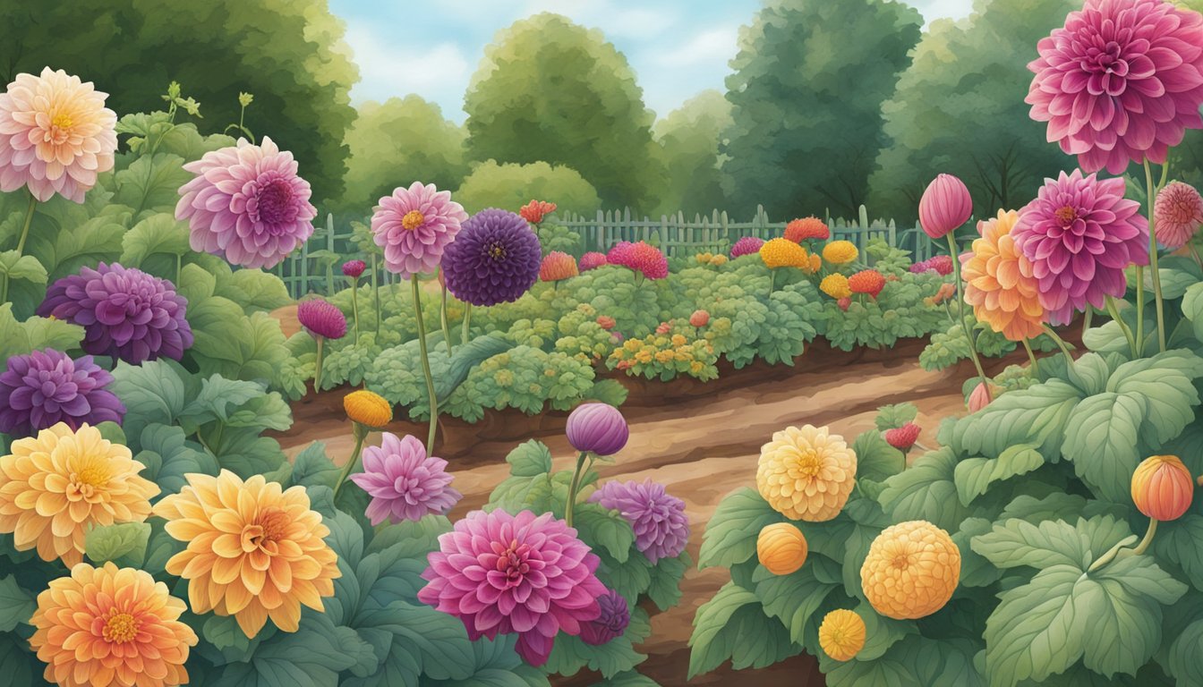 A garden scene with a variety of dahlias in different stages of growth, with a focus on the tubers underground