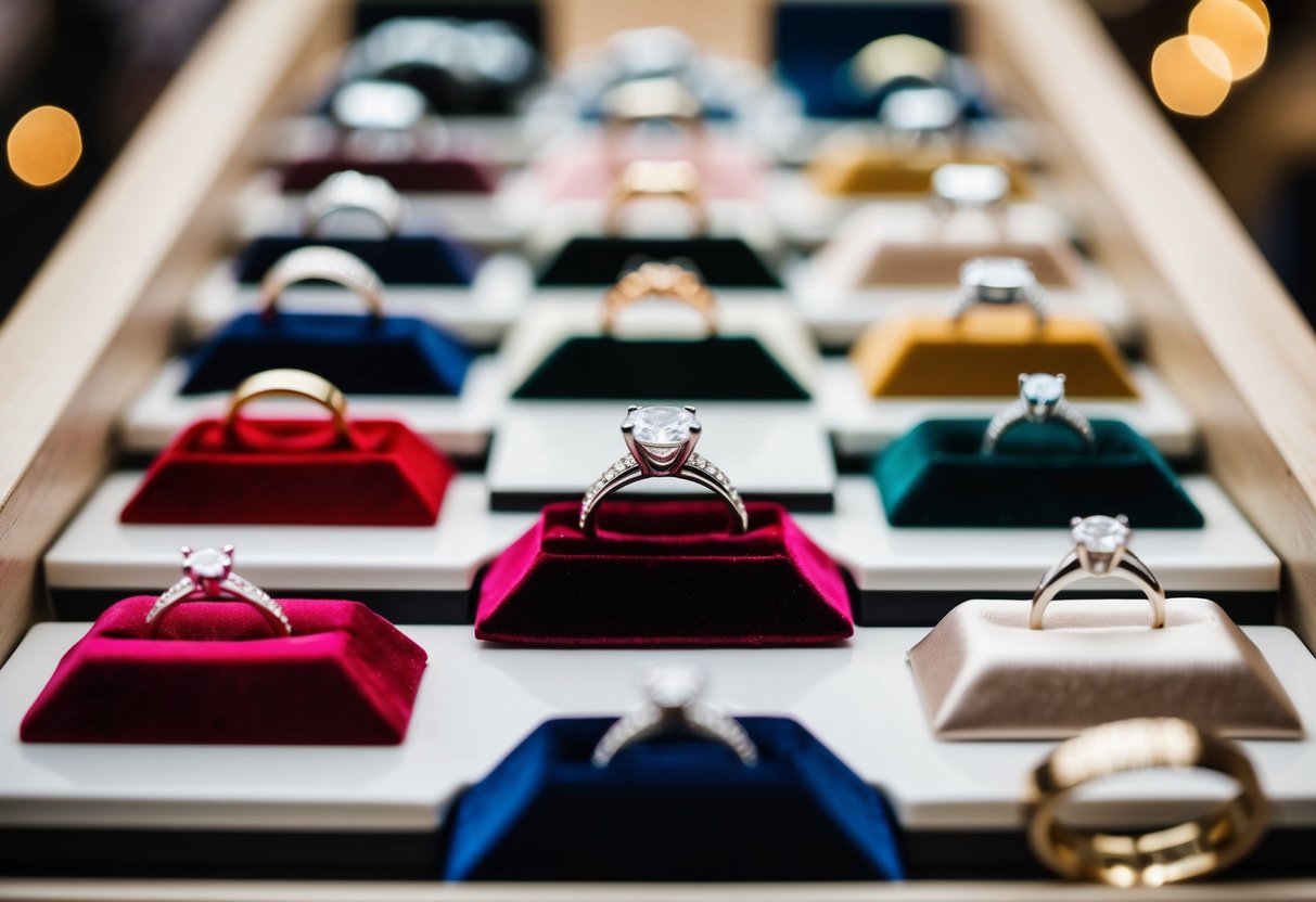 A display of various wedding ring materials in different colors